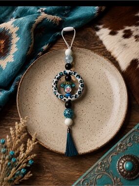 Hand Crafted Teal and Black Leopard Ring Tassel Hanging Car Charm
